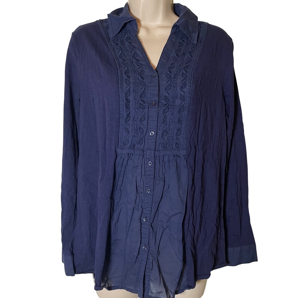 Coldwater Creek Embroidered Pintuck‎ Button Down Blouse M Long Sleeve Blue